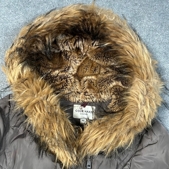 Cole Haan Coat Signature Down Puffer Coat Fur Hood Winter Warm Brown Women M - Picture 6 of 16